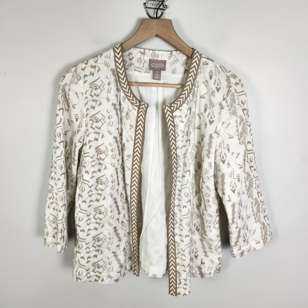 EUC Chico's 100% Cotton White With Tan Embroidered Jacket Size 1/ US 8 #706‎